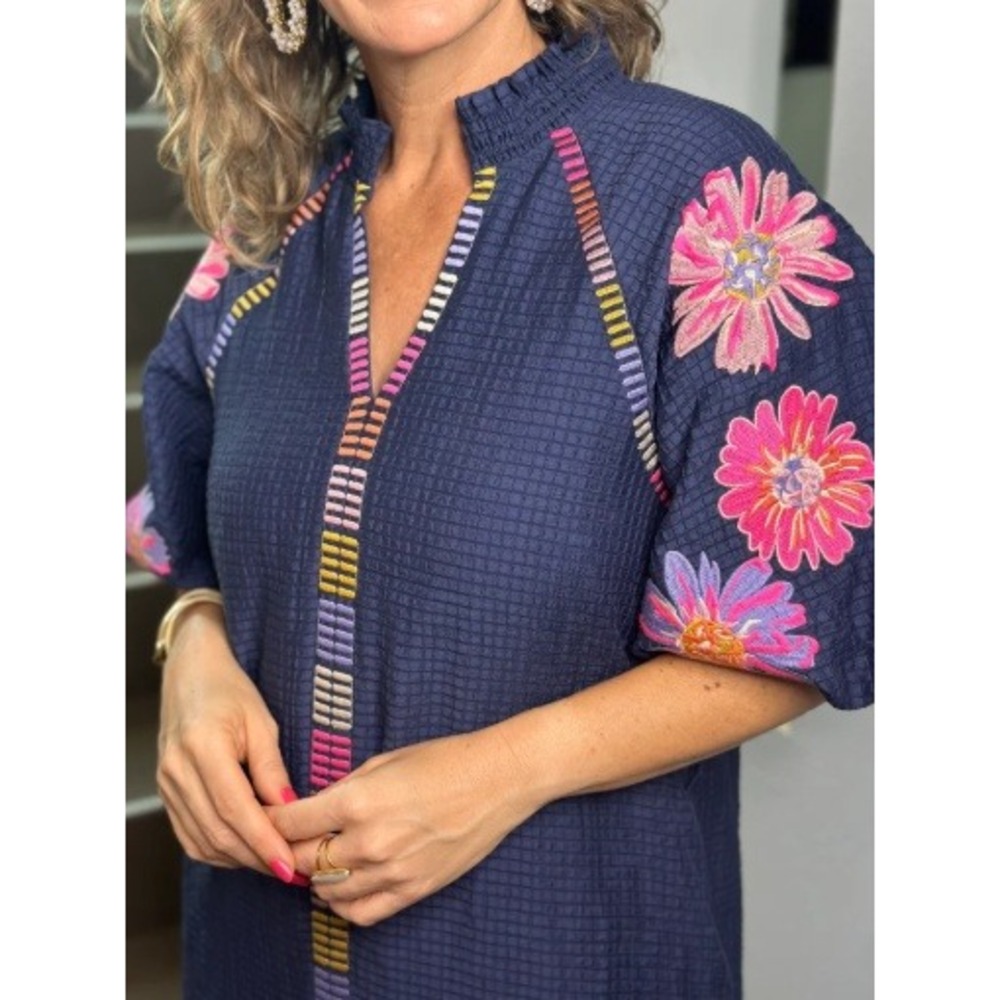 THML Embroidered Floral Puff Sleeve Blouse Large Navy Blue Boho Colorful Flowers